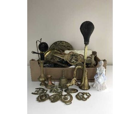 A box of assorted metal ware and china - Highland bulls, candlestick telephones, vintage brass car horn, bellows etc 