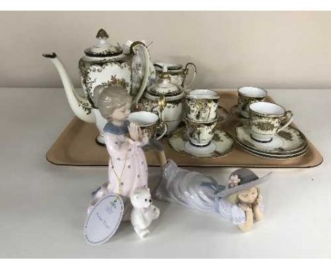 A tray of fifteen piece hand painted tea service, two Leonardo china figures, Royal Doulton Minerva sugar basin and milk jug 