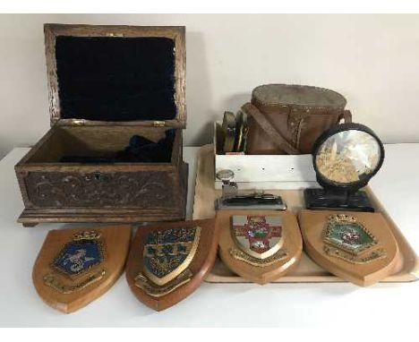 A tray of carved oak trinket box, four wooden plaques, pair of binoculars in case, a British made designo scope etc 