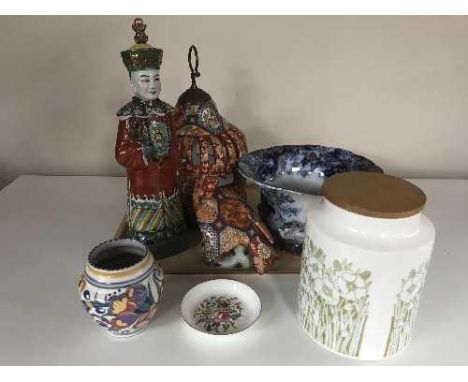 A tray of Chinese pottery bird cage light, a Chinse figure of a pigeon and Emperor, Poole pottery vase, Hornsea Fleur flower 