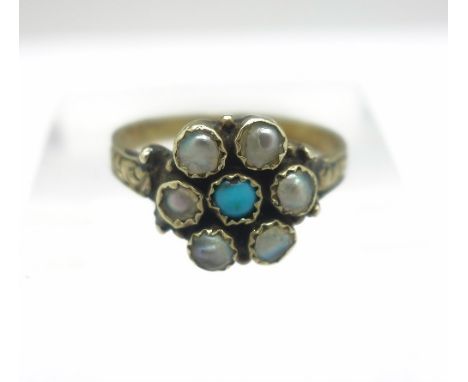 A Victorian gold, pearl and turquoise ring, weight 2.6g, size N