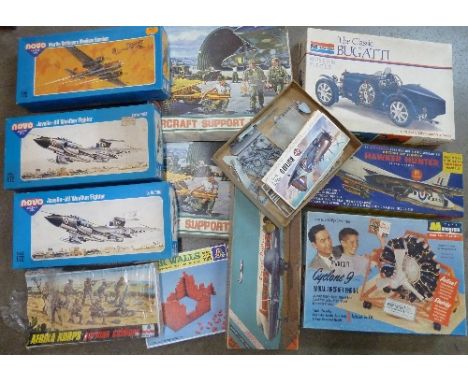 A collection of model kits including a Lindberg Hawker Hunter, a Monogram Cyclone 9 aircraft engine, etc.