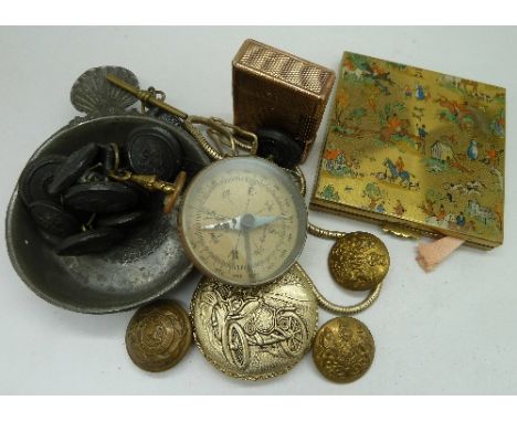 A Dupont lighter, compact, dish, buttons, watch and a compass, a/f