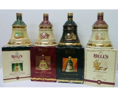 Four Bell's Scotch Whisky decanters, 1995 to 1998, with contents, boxed