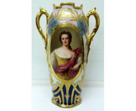 A Royal Vienna vase, with hand painted decoration by Wagner, portrait of Henrietta de Bourbon, hairline crack to one handle, 