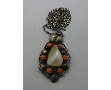 A silver, coral and pearl necklace