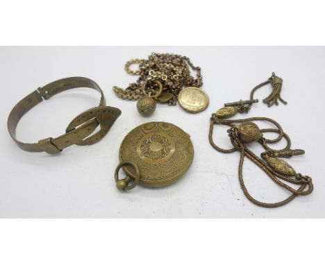 A plated Albertina, a guard chain, two lockets and a brass bangle, possibly trench art