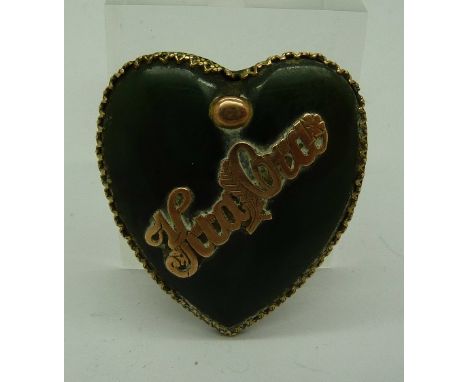 A New Zealand heart shaped gold, silver and jade greeting brooch, Kia Ora meaning 'be well/healthy', width 32mm