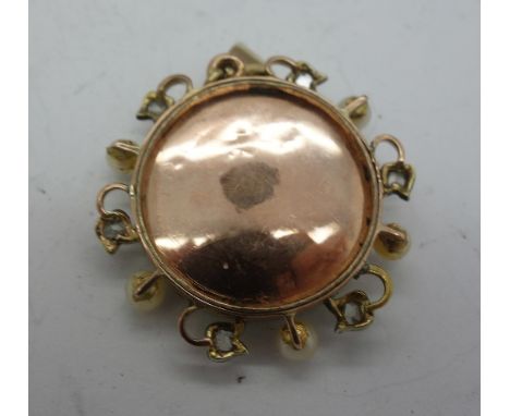 A yellow metal and enamel Art Nouveau pendant set with diamonds and pearls, a/f