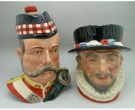 Two Royal Doulton character jugs, Beefeater, second and a William Grant whisky decanter, lacking contents