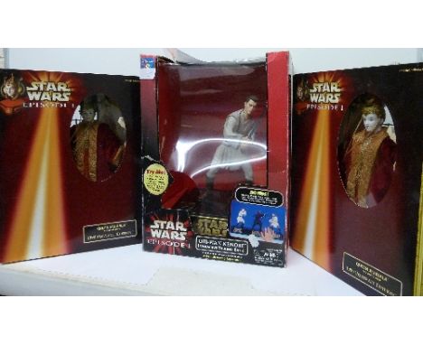A Star Wars Obi-Wan Kenobi interactive talking bank figure and two Queen Amidala figures, 1999 portrait editions