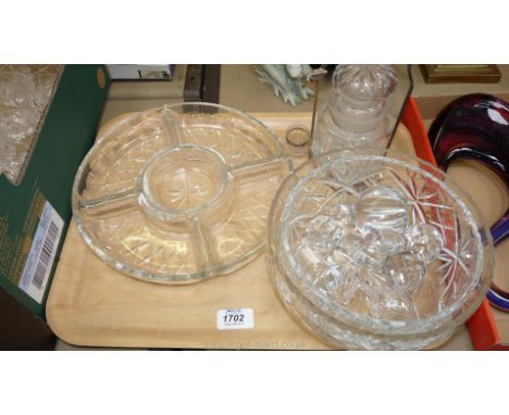 An Edinburgh crystal hors d'oeuvres dish, decanter stoppers, pickle jar on stand, etc