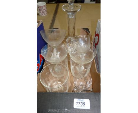 A quantity of glass including custard cups, decanter, cocktail glasses, etc