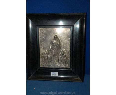 A framed embossed silver Plaque of Jesus with a group of children, 6" x 8"