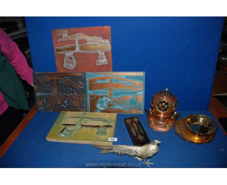 Four Printing Blocks, two West German gold plate dishes, a wooden and brass Darts Case, a model of a Diver's Helmet, etc