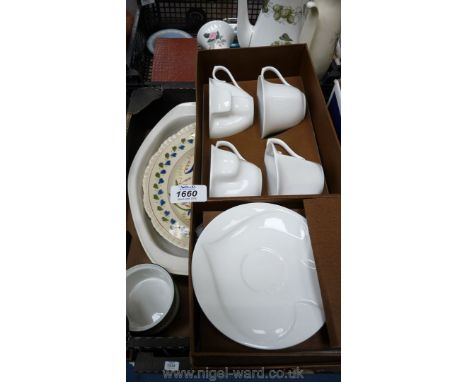 A set of 'Bridge' china cups and saucers with suits of cards motifs showing hearts, diamonds, clubs and spades, Two Titanware