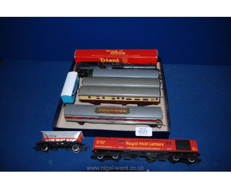 A Triang boxed Trailer Car no. R158 and Carriage to match in green livery, a Tri-ang 4-2-2 steam Locomotive and tender ''Prin