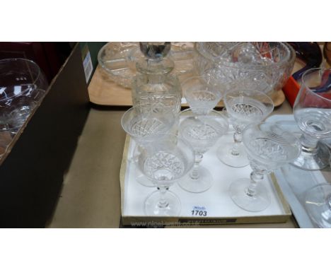 A small Decanter with six etched liqueur glasses