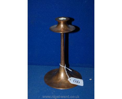 An Arts and Crafts Bronze Lester Dryad Candlestick of trumpet form with disc and lobe sconce