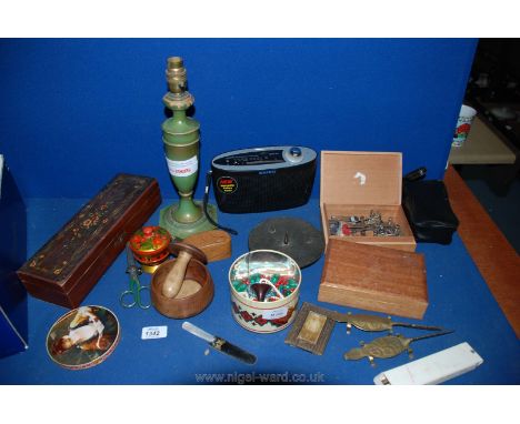 A quantity of miscellaneous including sewing machine attachments, table lamp, costume jewellery, treen, stamp, etc