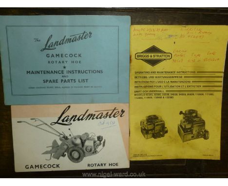 A Maintenance Instructions Book and Spare Parts List for "The Landmaster Gamecock Rotary Hoe", together with a publicity leaf