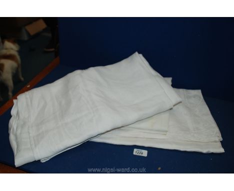 Three white cotton Tablecloths, heavy grade 173cms x 218cms, lighter grade 250cms x 105cms and 180cms x 105cms