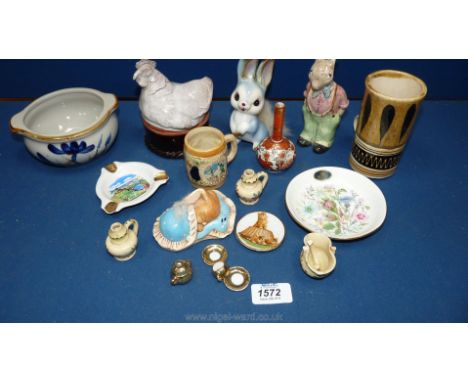 A Box of ornaments including Aynsley and other saucers, Rabbits including Pendelfin, Chicken Box, Miniature Flasks, etc