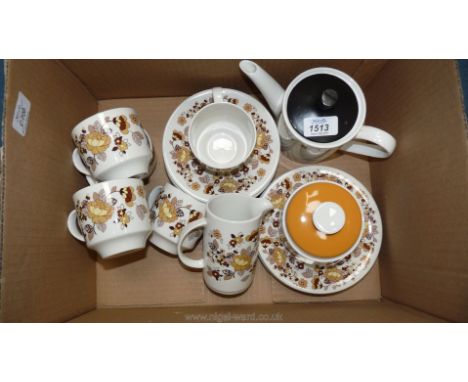 A Royal Worcester 'Indian Summer' six setting Teaset with sugar bowl and milk jug together with a Myott 'Telstar' Teapot