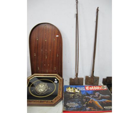 A Ken Broadbent Clock Part Wall Clock, Bagatelle, Colditz board game, heating moulds. (5)