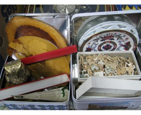 A Pair of Ribbon Plates and Worcester Plate, wooden jigsaw, table knives, bone fan, Indian brass owl, Gell &amp; Co tin, wood