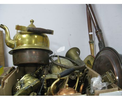 Brassware, including globe on stand, door knocker, horse wall brackets, spoons etc:- One Box, plus a large 'brass' kettle and