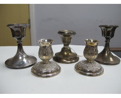 A Pair of Hallmarked Silver Candlesticks, each of plain form, 10cm high, a pair of Continental Style Dwarf Candlesticks, deta