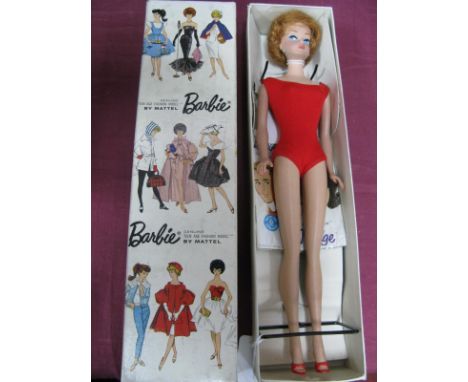 Mattel Basic Barbie Doll Fashion Model Set #850, redhead bubble cut, original swimsuit and shoes, Barbie showing signs of gre