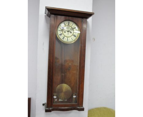 XIX Century Walnut (Gustav Backer) Vienna Wall Clock, with a stepped pediment circular dial Roman numerals, subsidiary dial, 