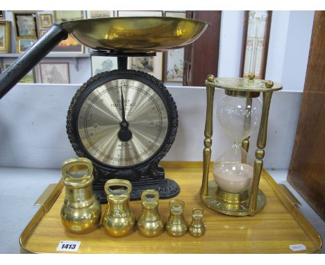 Salter Family Scale No 45, brass egg timer, a set of five graduated brass weights:- One Tray