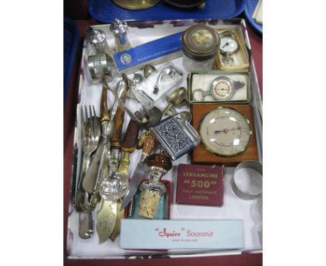 Vintage Map Measures, barometer, plated cutlery, bottle stopper, cruet, napkin, rings, lighter, whistle, trinket pot, etc:- O