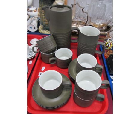 Denby 'Camelot' Chevron Patterned Coffee Set, comprising coffee pot, large pitcher, sugar bowl and six cups and saucers:- One