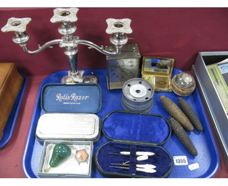 Wristwatch, Palas 15 Rubic Mechanical, Rolls Razor, pewter ink well, cuckoo clock weights, candelabra, clover musical compact