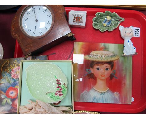 An Edwardian Inlaid Mahogany Mantle Clock, for the Sheffield Goldsmiths Co, boxed Carlton leaf dish, etc:- One Tray