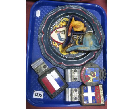 Vintage French Enamel Car Badges, France, Dauphine, Juan-Les Pins, Meerschaum pipe, French painted plated: - One Tray