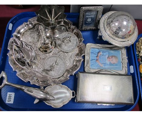 Vintage SEBA Silver Plated Donkey Ring Dish, another similar, globe butter dish, engine turned cigarette box, photograph fram