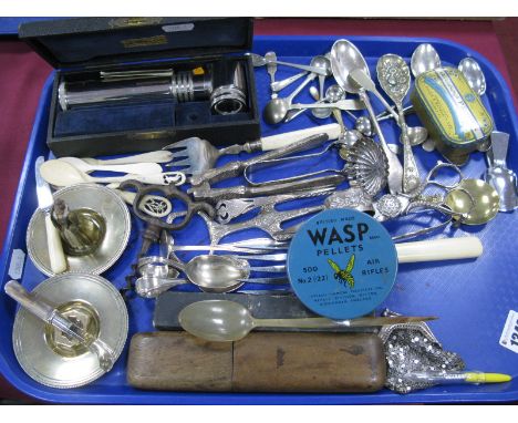 Assorted Plated Cutlery, vintage tins, "The Ultra Lens" in original fitted case, horn spoon, cutthroat razor, candle snuffer,