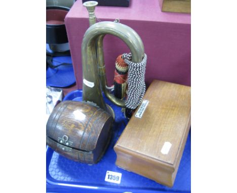 A Brass Bugle, 1920's oak tea caddy in the form of a barrel and a cigarette box with label, Teakwood from H.M.S Theseus. (3)