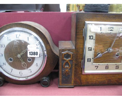 A XX Century Oak Cased Mantel Clock, with a square dial Arabic numbers; together with a Smiths Enfield oak mantel clock. (2)