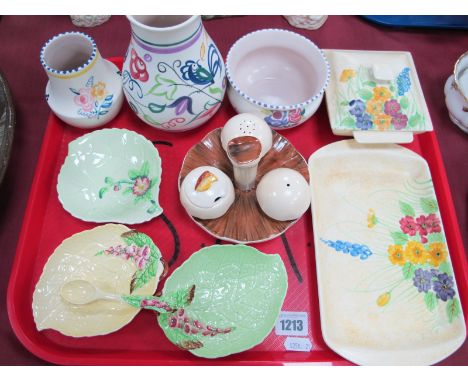 Three Poole Pottery Vases, Carlton Ware mushroom form condiment set, dishes, Radford tray and lidded jar:- One Tray