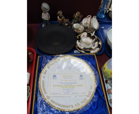 Coalport Trio, Hammersley tea wares, Hummel figures, Japanese golfer (damage), Wedgwood plate:- One Tray and a Paragon Church