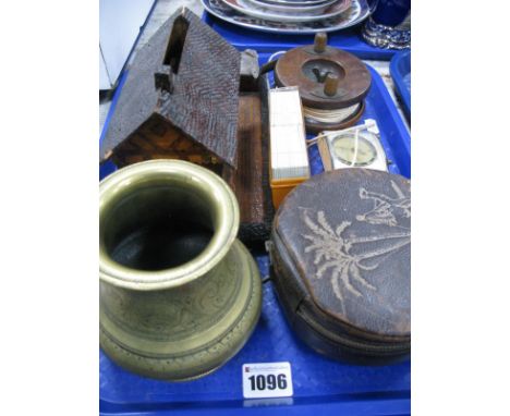 Kienzle Alarm Clock, Allcock's mahogany and brass fishing reel, cigarette dispenser etc:- One Tray