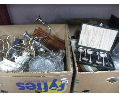 Stainless Seel Table Ware, Stag handled carving set, other cutlery, glassware, candelabra, etc:- Two Boxes