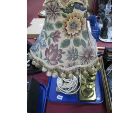 A Brass Corinthian Column Table Lamp, pair of candlesticks, tongs.