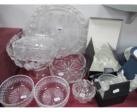 Four Stuart Crystal Bowls, (two boxed), Marquis bowl and cover, other cut glass and a pedestal bowl and stand etc. 